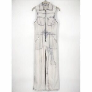 Bleached Free People Wind & More Retro Denim Jumpsuit Sz 4 White Tie-Dye Zipper